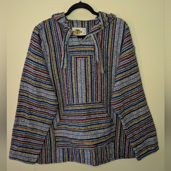 Earth Ragz Other - RARE VTG Earth Ragz Boho Hippie Reggae Rasta Poncho Drug Rug Striped Hoodie (L)